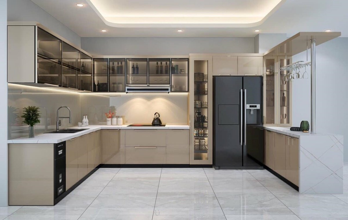 Không gian bếp sang trọng với tủ bếp inox cánh kính