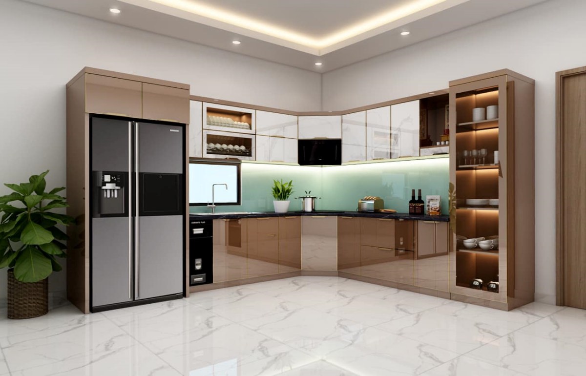 Không gian bếp sang trọng với tủ bếp inox cánh kính